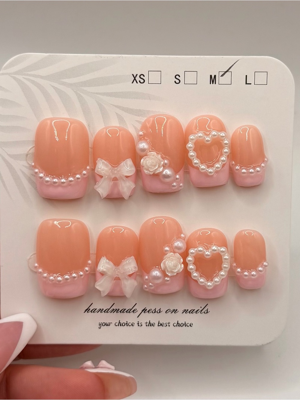 Handmade  Pink Press-On Nail Set with Pearl & Bow Accents